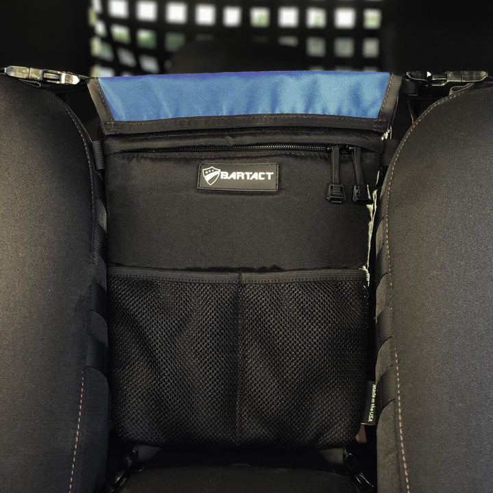 Seat Storage Bag / Backpack / Seat Back Organizer / Pet Barrier - FABRIC by Bartact - Universal - (Patent Pending) - Bull Strap