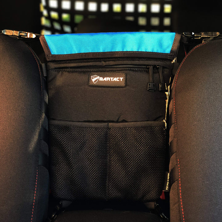 Seat Storage Bag / Backpack / Seat Back Organizer / Pet Barrier - FABRIC by Bartact - Universal - (Patent Pending) - Bull Strap