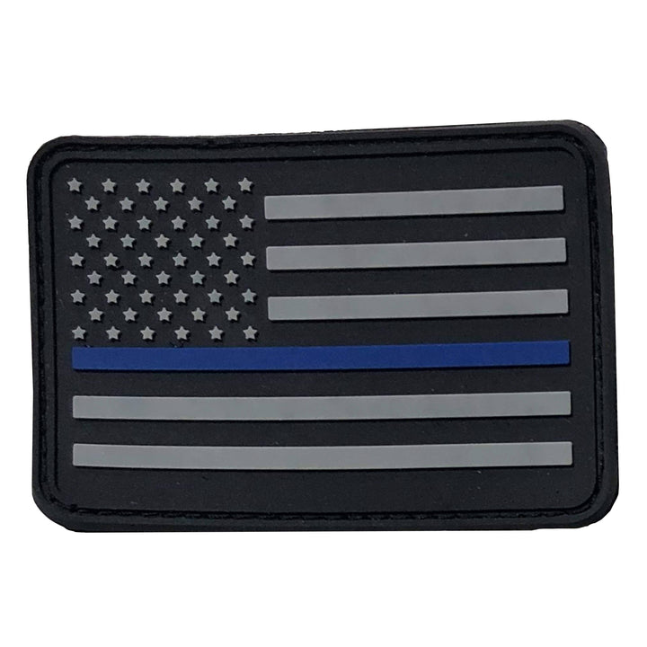 The Thin Blue Line Flag Patch  - PVC Rubber w Velcro Hook Backing - Thin Blue Line American Flag 2" x 3" - Bull Strap