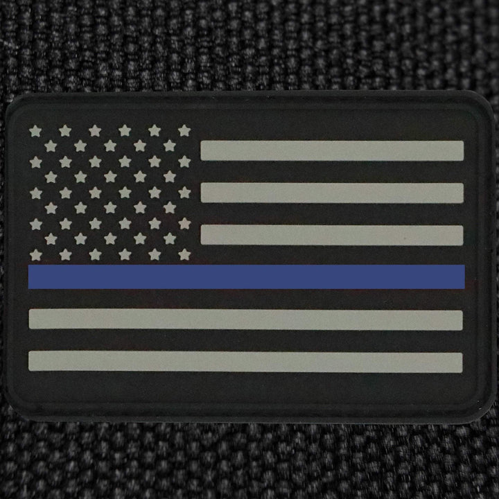 The Thin Blue Line Flag Patch  - PVC Rubber w Velcro Hook Backing - Thin Blue Line American Flag 2" x 3" - Bull Strap