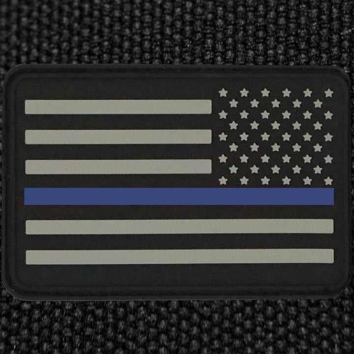 The Thin Blue Line Flag Patch  - PVC Rubber w Velcro Hook Backing - Thin Blue Line American Flag 2" x 3" - Bull Strap