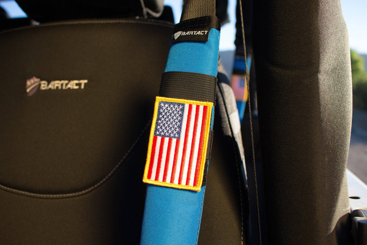 Thin Blue Line Flag Patch, Embroidered 2" x 3" Morale Patch w/ Velcro/Hook backing - Choose Right or Left - Bull Strap