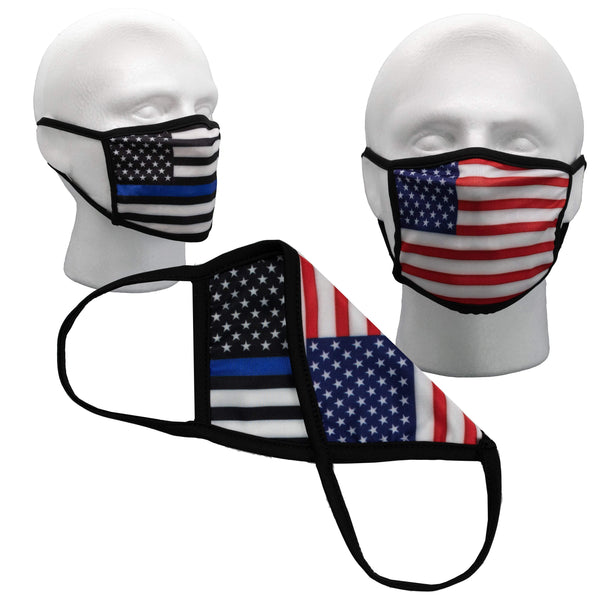 Thin Blue Line Mask, American Flag Mask, Reversible, Police Mask, Law Enforcement Mask, and USA Flag, 2 ply, Polyester, Reusable, Washable, Thin Blue Line Face Mask - Bull Strap