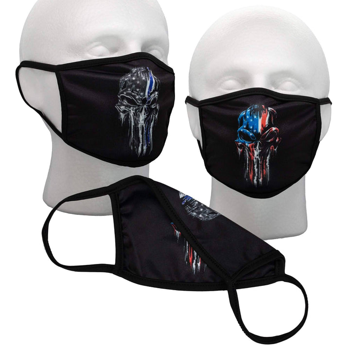 Thin Blue Line Mask, Punisher Mask, Reversible, Police Mask, 2 Layer, Polyester, Reusable, Washable - Bull Strap